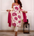 Women's White & Pink Floral Cotton Kurta Set with Dupatta