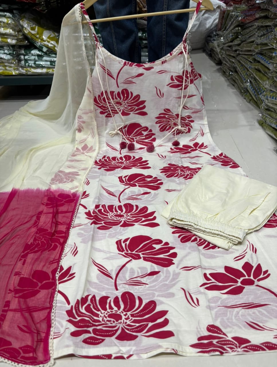 Women's White & Pink Floral Cotton Kurta Set with Dupatta