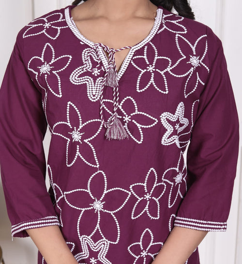 Women's Embroidered Tunic Top – Maroon Floral with Tassel Tie Neck