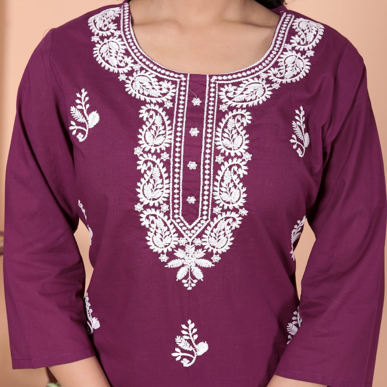 Women's Embroidered Kurta, Maroon, Cotton, 3/4 Sleeve