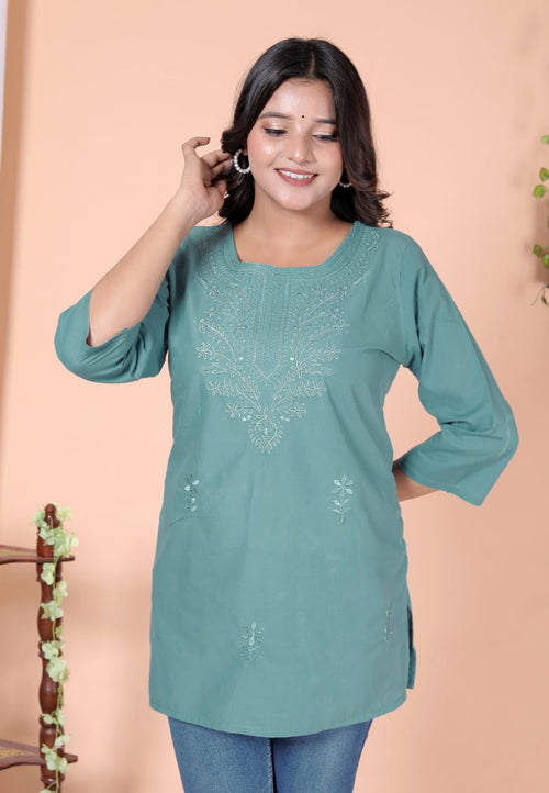 Women's Embroidered Tunic Top, Teal Green