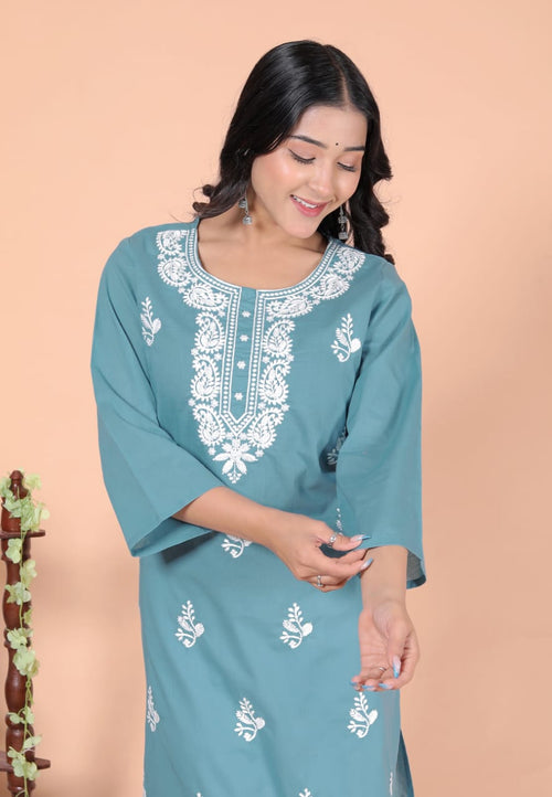 Women's Embroidered Kurta, Teal Blue with White Floral Embroidery