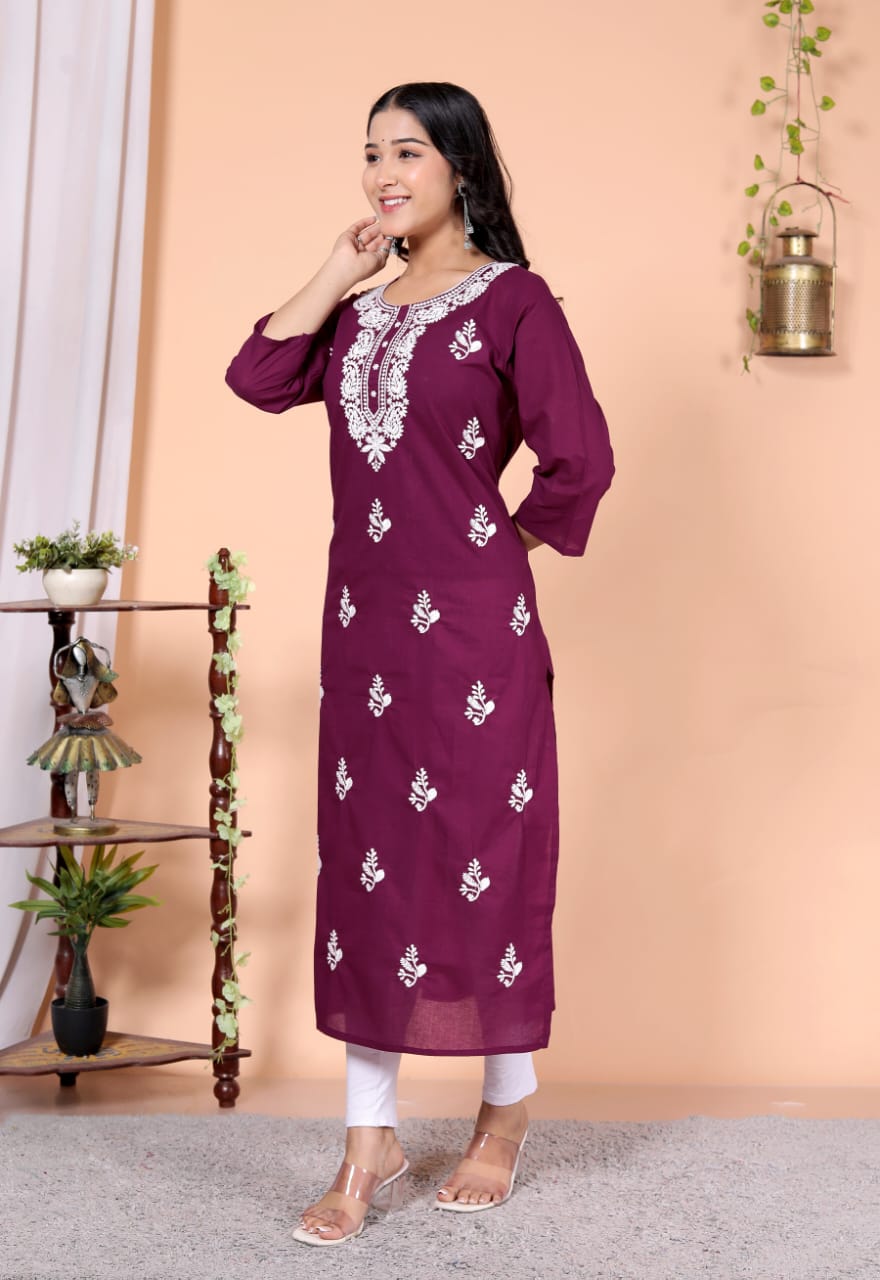 Women's Embroidered Kurta, Maroon, Cotton, 3/4 Sleeve