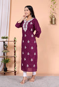 Women's Embroidered Kurta, Maroon, Cotton, 3/4 Sleeve