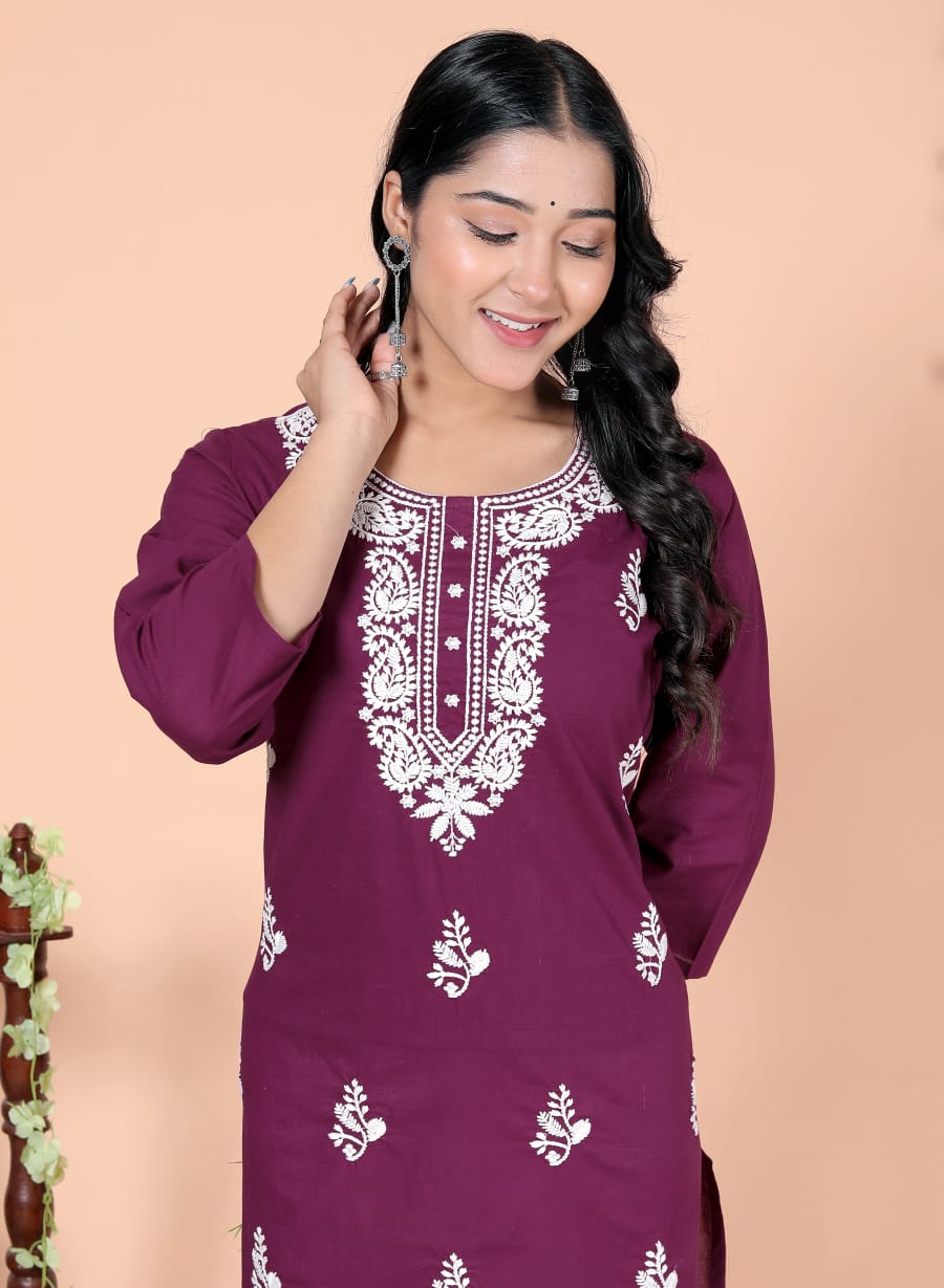 Women's Embroidered Kurta, Maroon, Cotton, 3/4 Sleeve