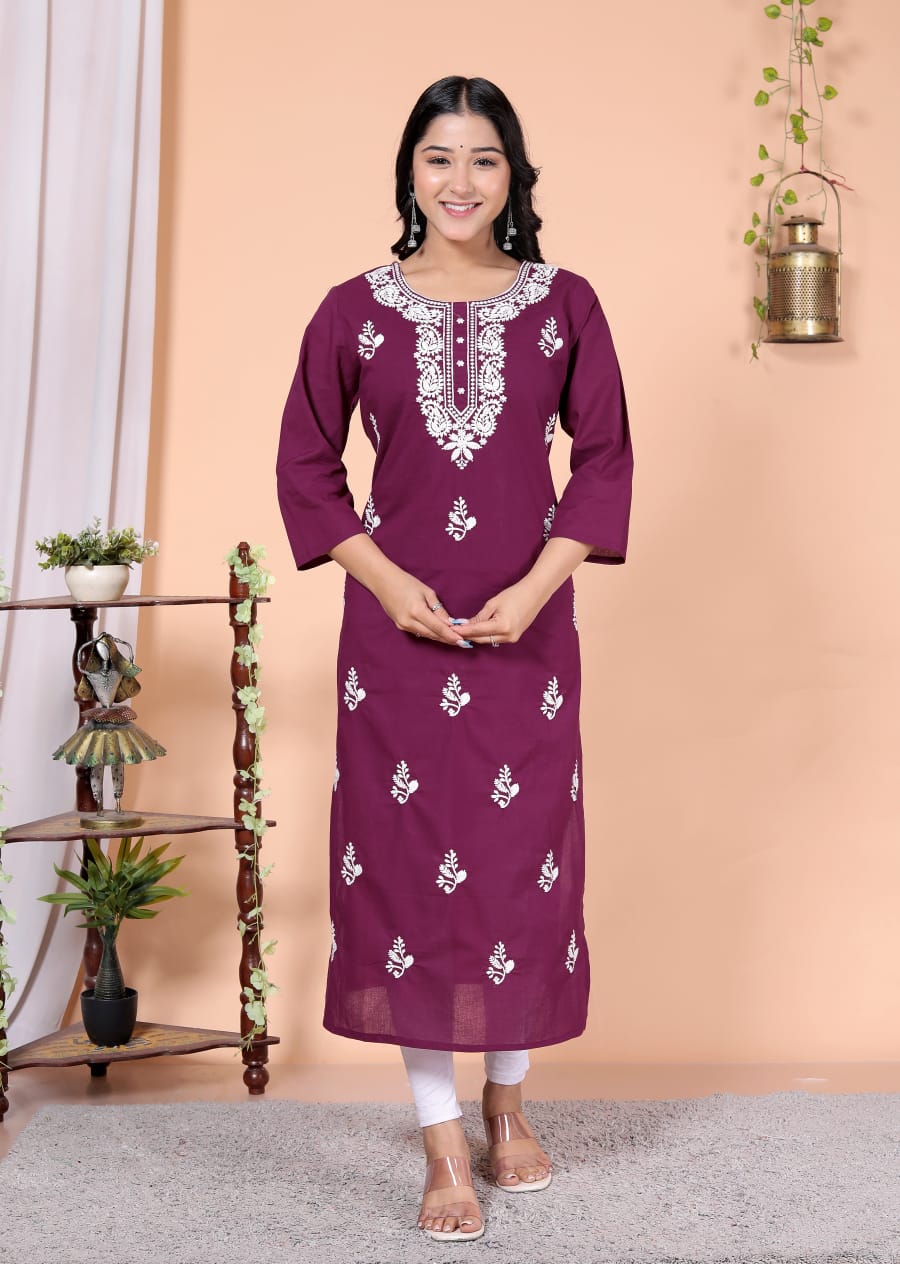 Women's Embroidered Kurta, Maroon, Cotton, 3/4 Sleeve