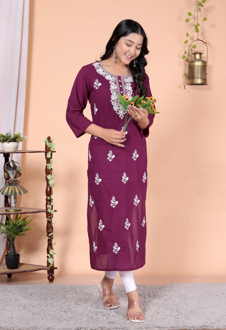 Women's Embroidered Kurta, Maroon, Cotton, 3/4 Sleeve